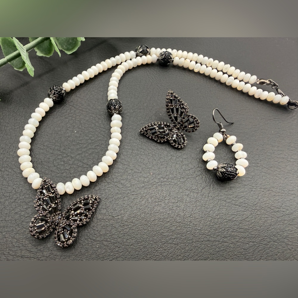 White Bead Necklace and Earring Set with Black Butterfly Accents